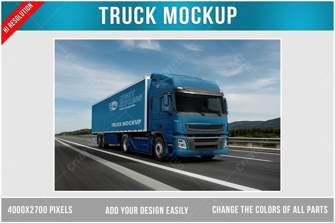 Mockup Caminhão Azul Realista em Rodovia