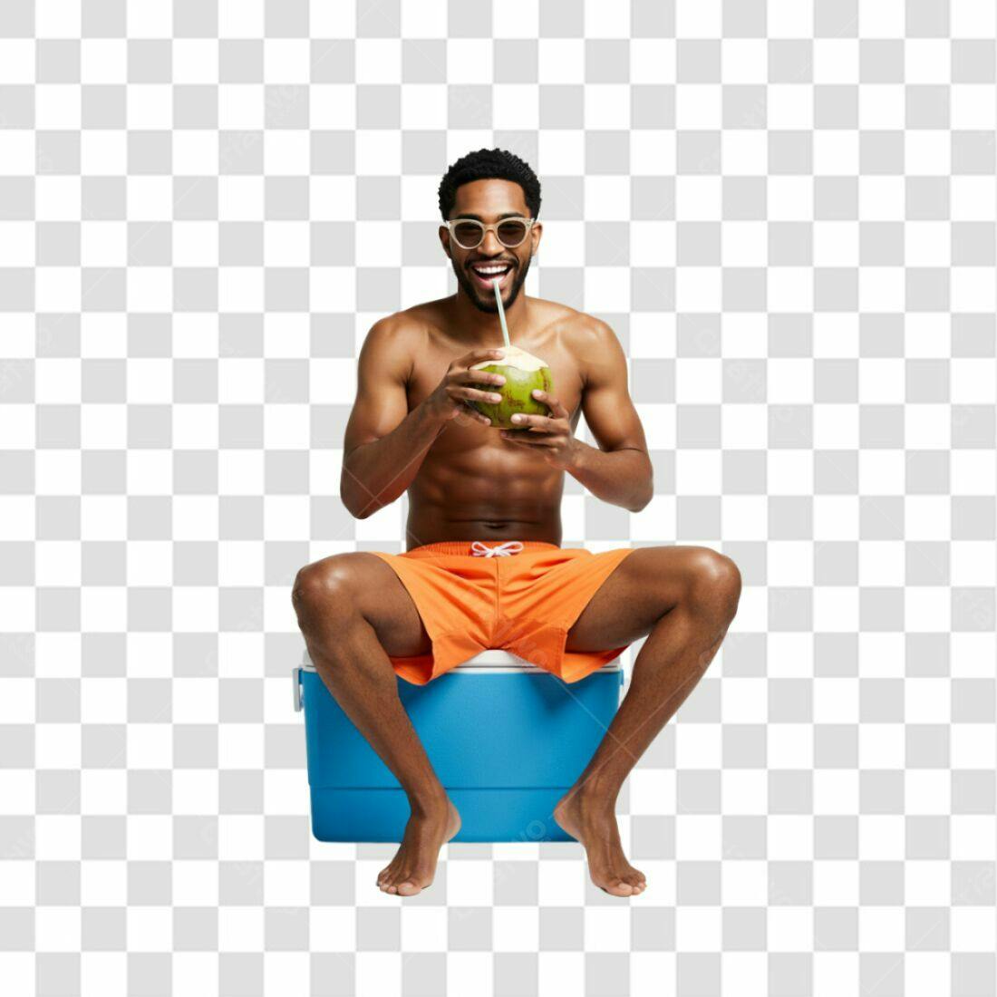 Banner Verão Homem Bebendo Água de Coco PNG com fundo transparente