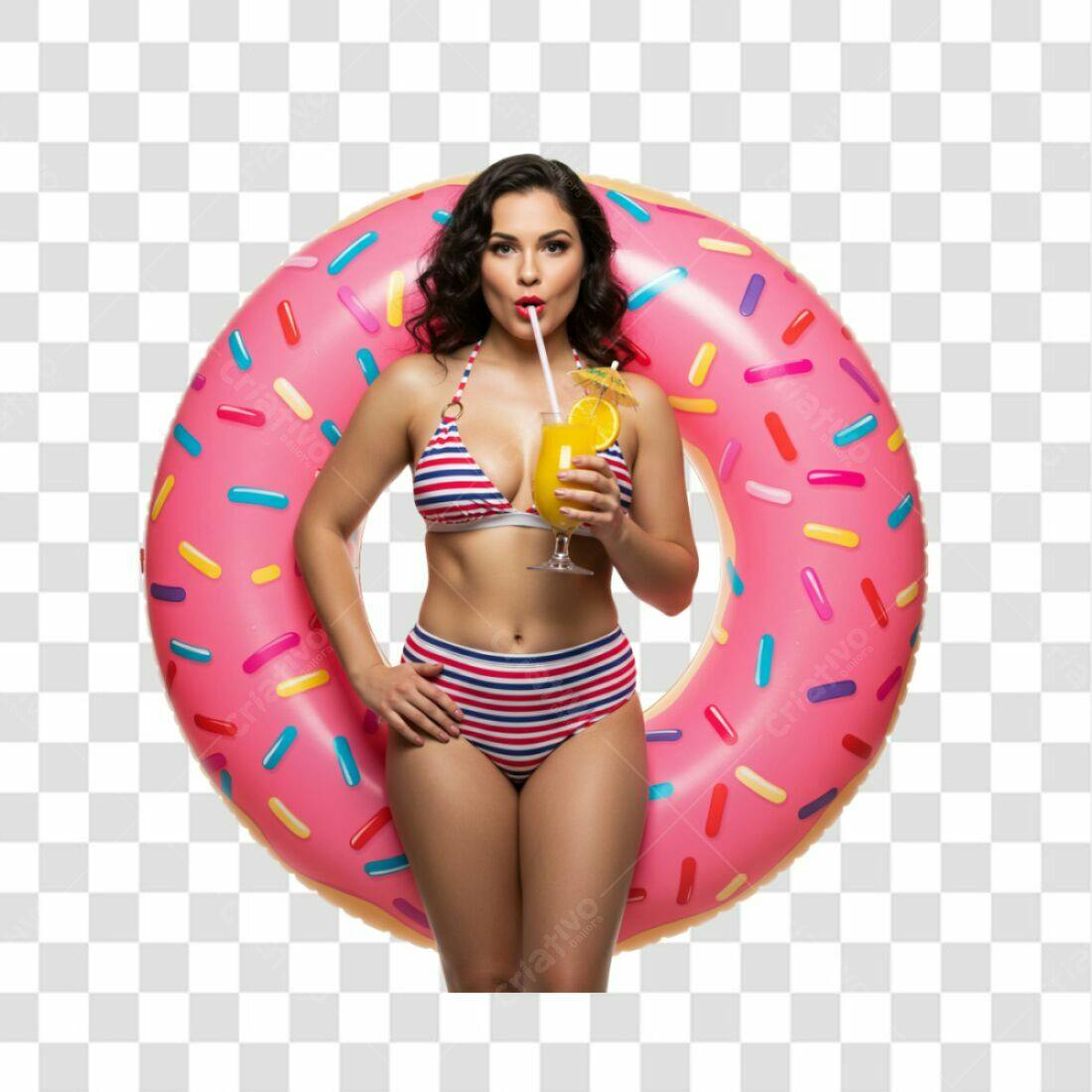 Banner Verão Mulher Biquini Boia Donut PNG com fundo transparente