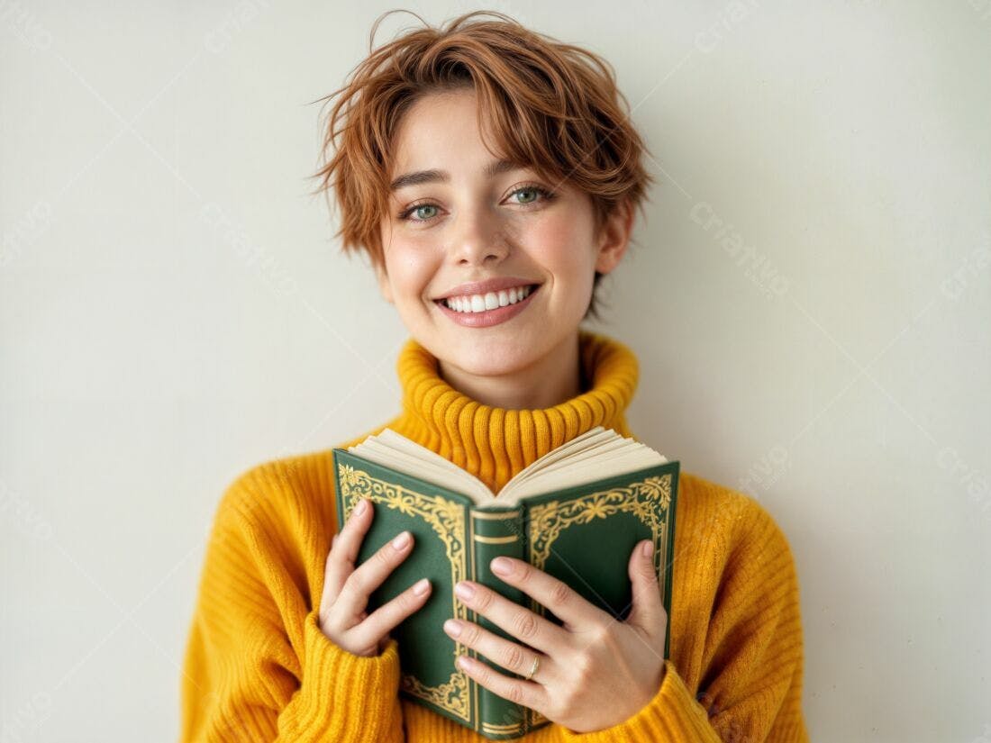 Mulher sorridente com livro antigo suéter amarelo