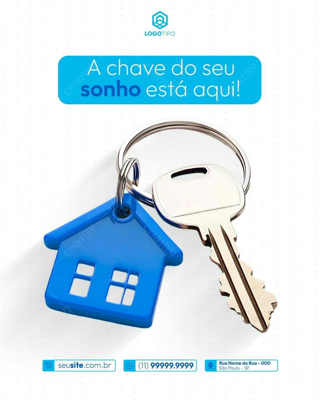 Flyer Imobiliário com Chave e Casa Azul PSD Editável