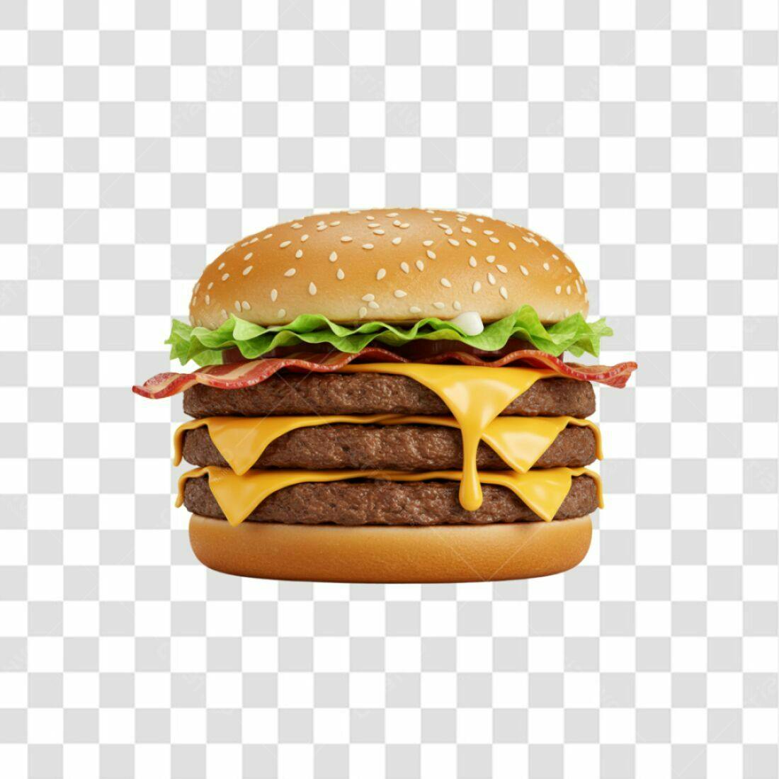 Imagem PNG de hambúrguer triplo com bacon e fundo transparente