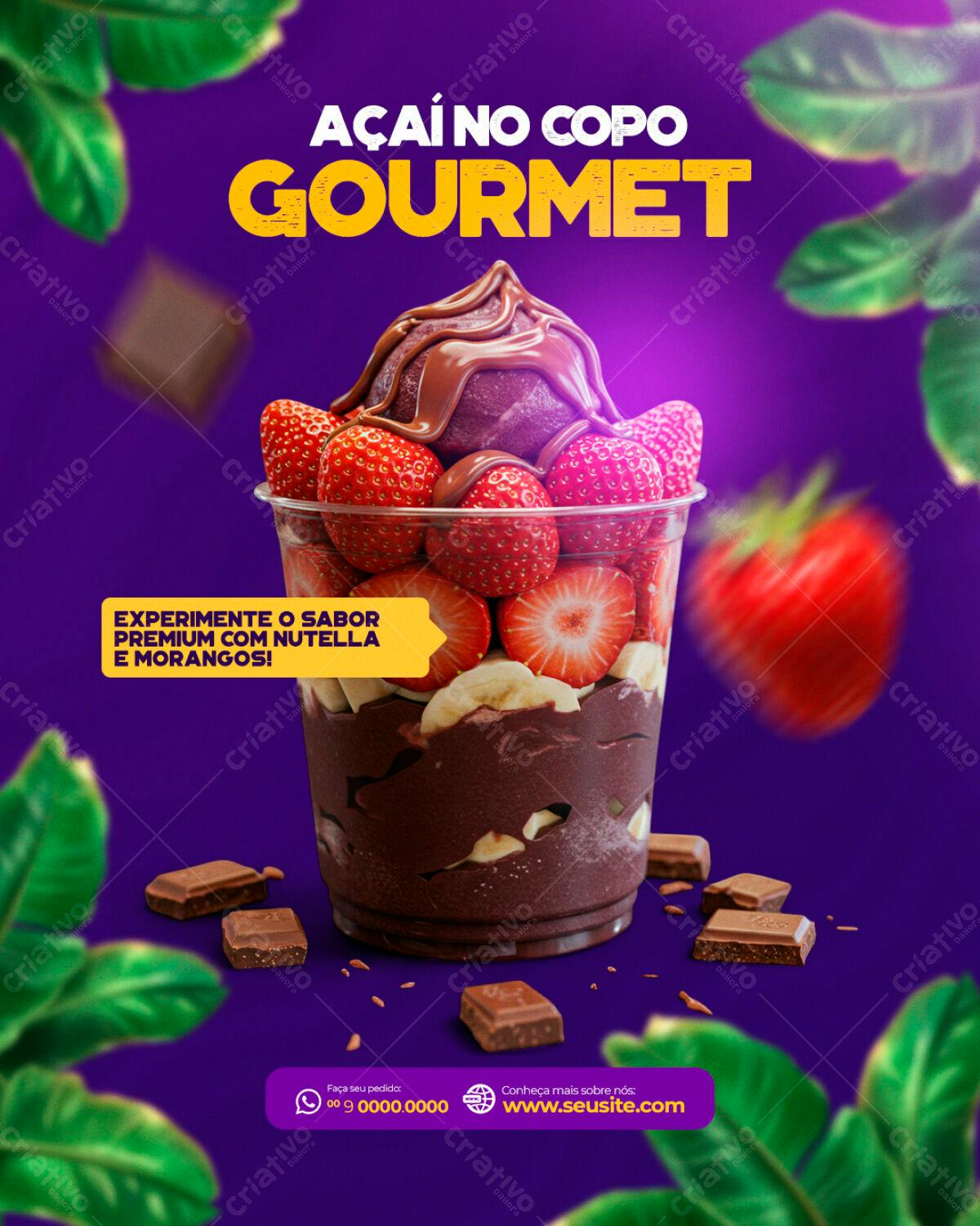 Flyer Açaí Gourmet com Morangos PSD Editável