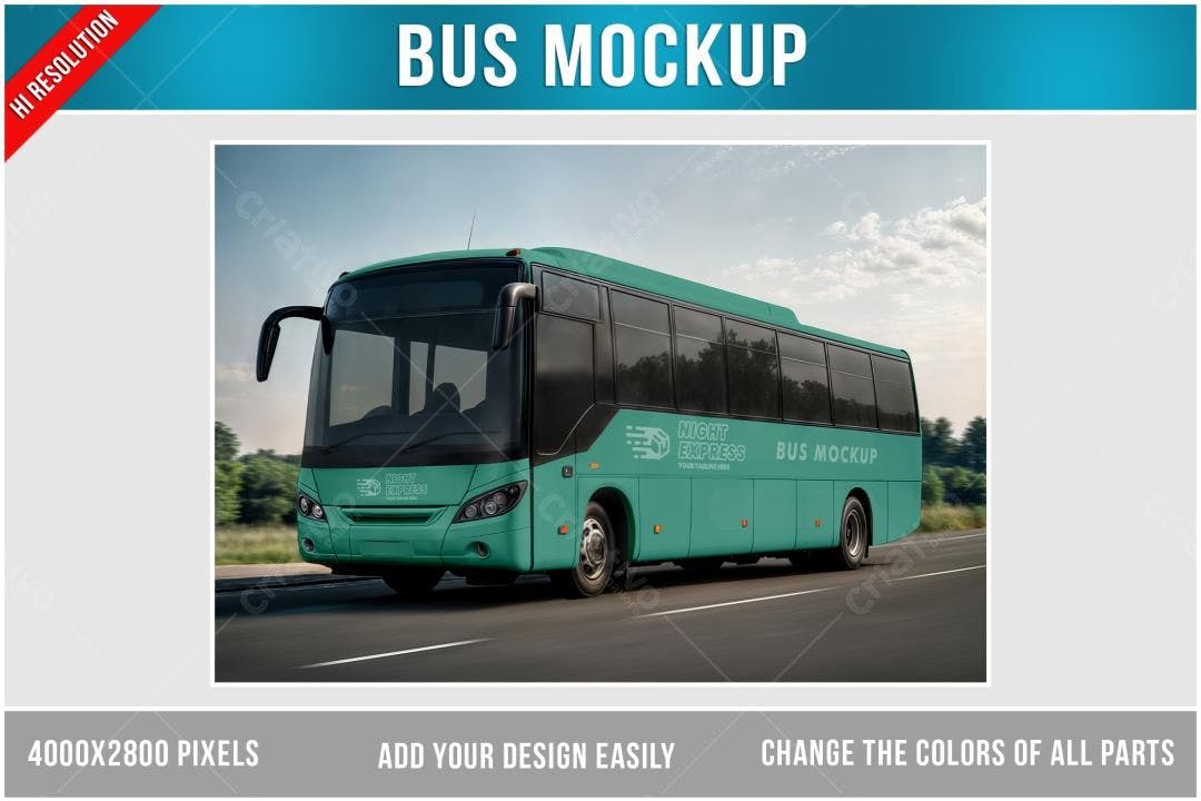 Mockup de Ônibus Verde-água: Modelo Realista para Design de Transporte