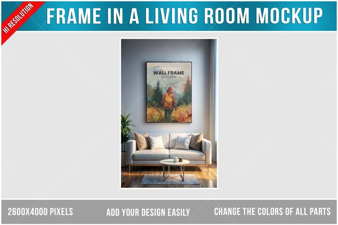Mockup Quadro Parede: Sala Moderna com Sofá Bege