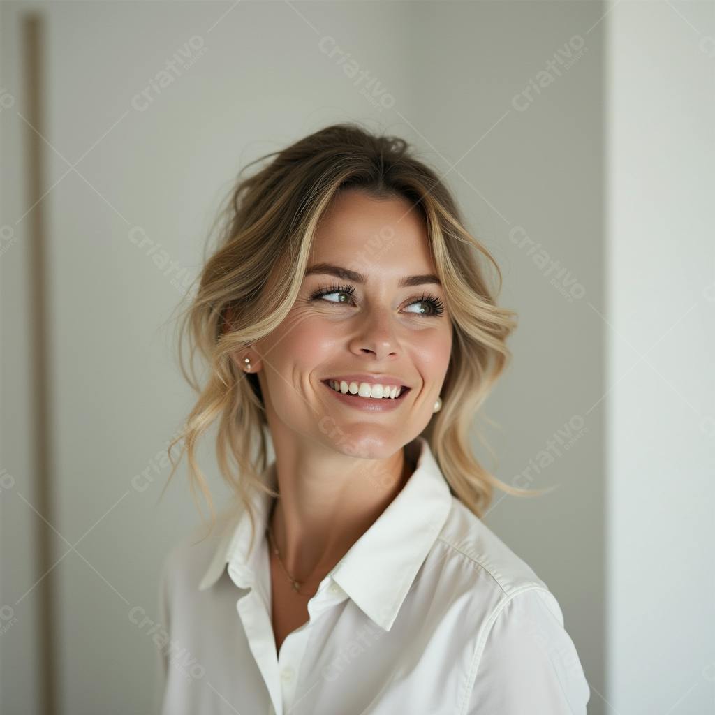 Mulher sorrindo usando camisa branca