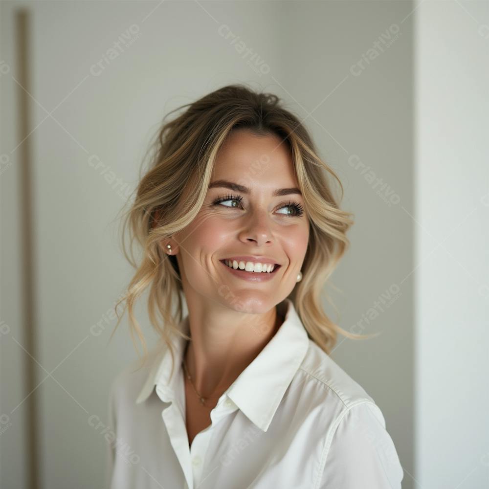 Mulher Bonita Sorrindo Em Fundo Branco IA