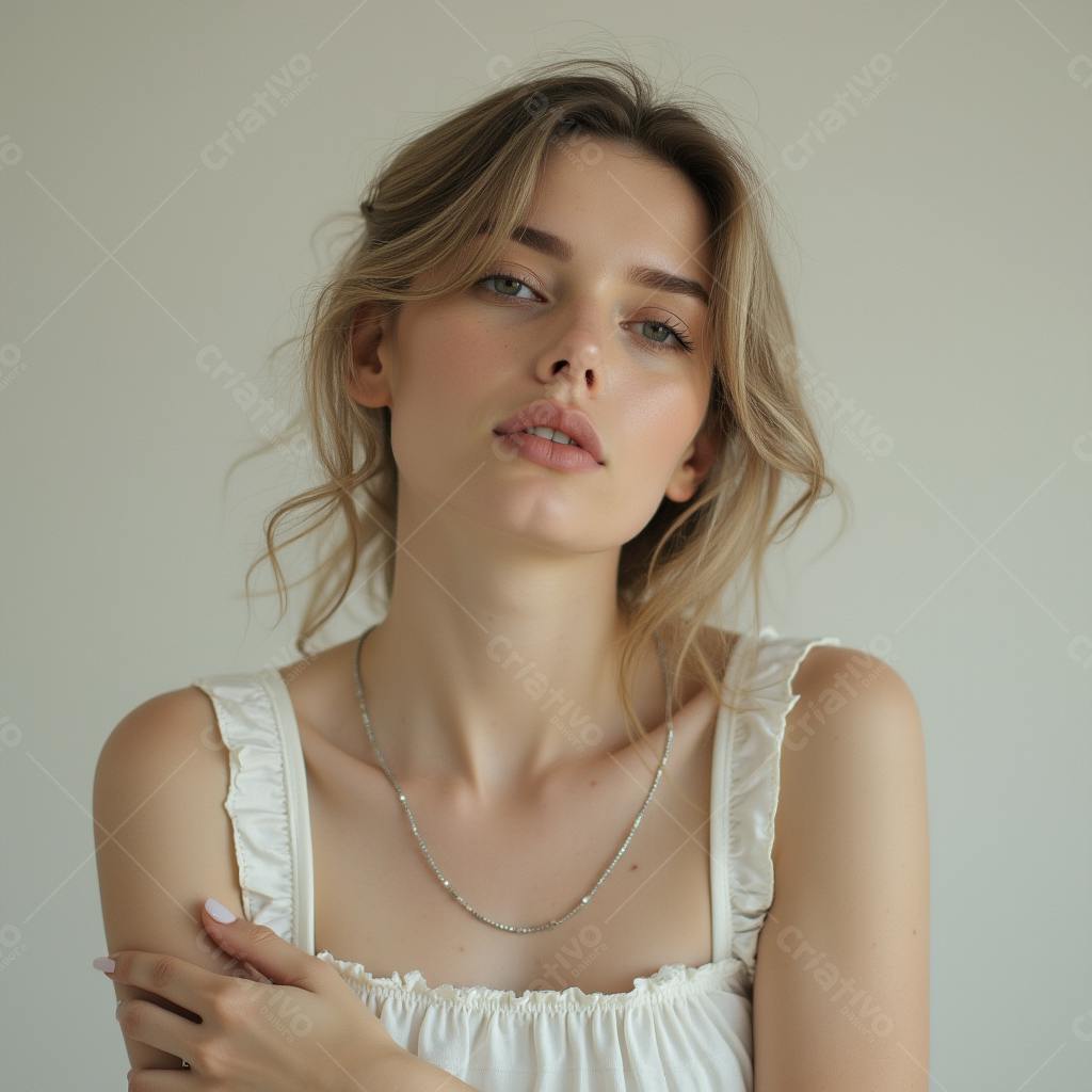 Modelo feminina com cabelo loiro usando vestido branco