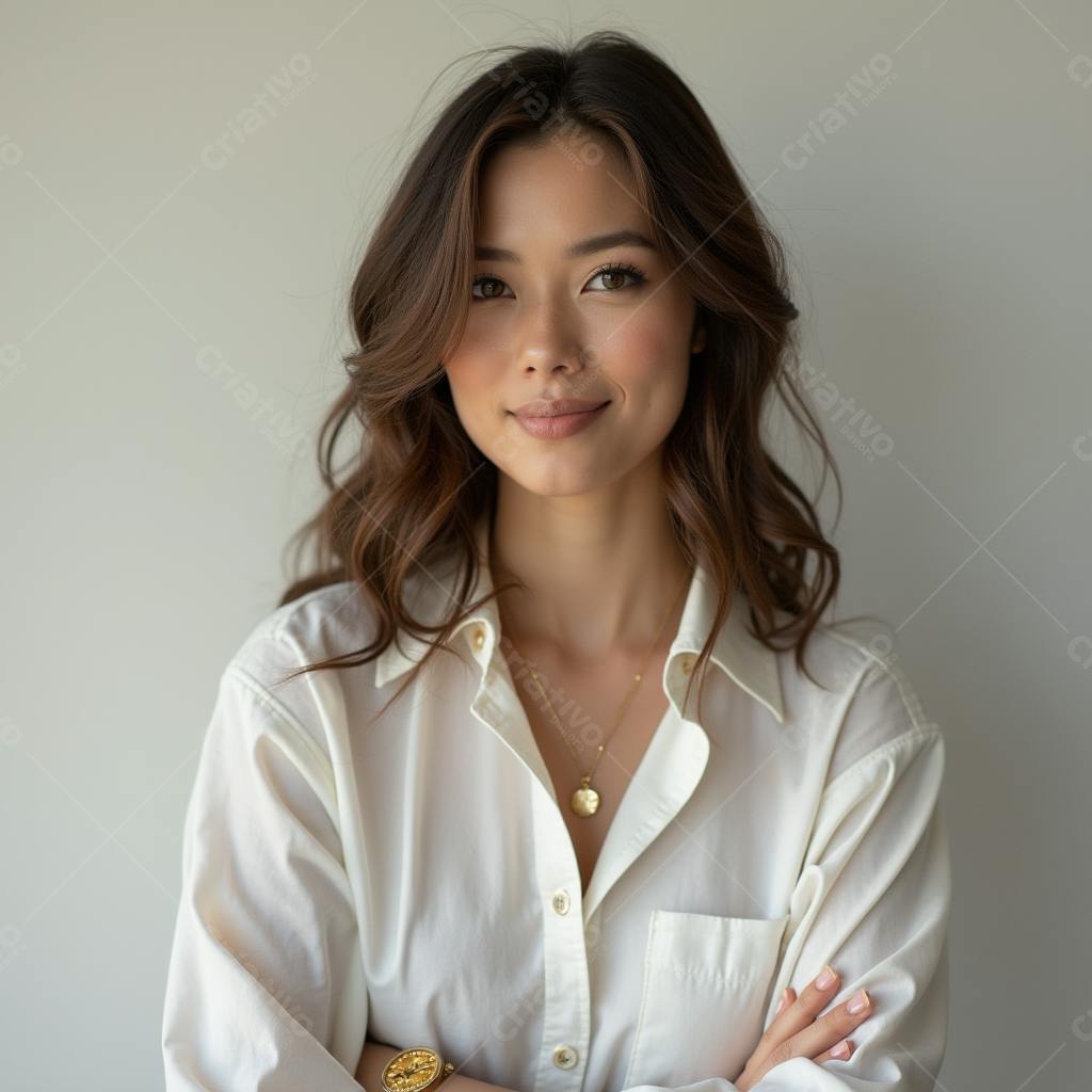Mulher asiática sorrindo camisa branca