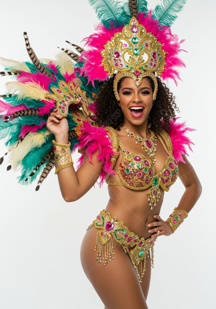 Bailarina de Carnaval em traje dourado e rosa