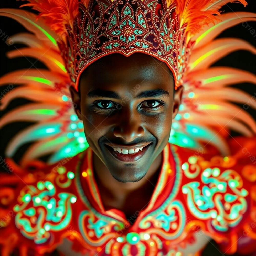 Um Jovem Com Pele Bronzeada E Olhos Escuros, Vestindo Uma Fantasia De Carnaval Vibrante Com Padrões E Penas Intrincados