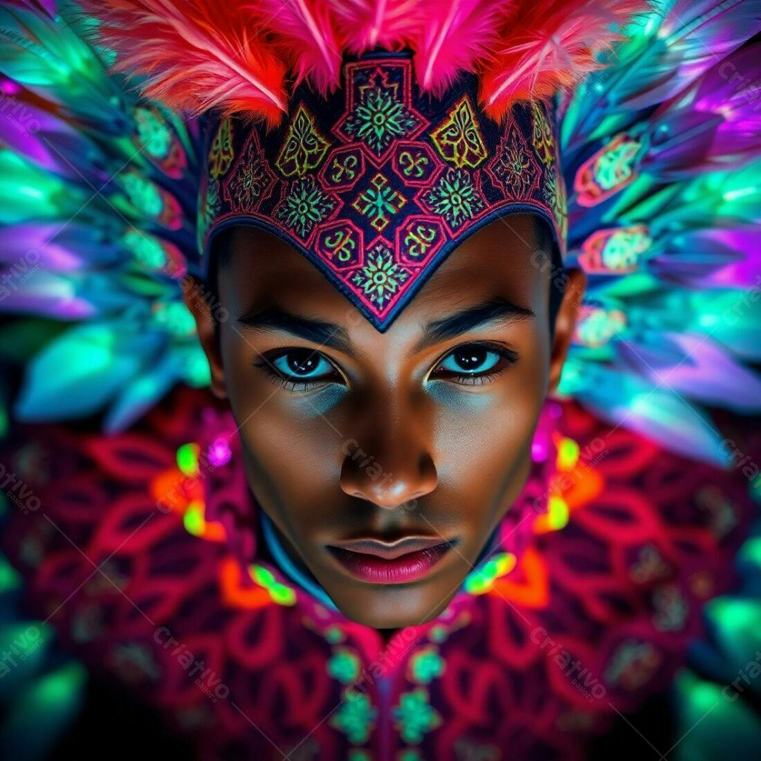 Rapaz negro com traje e cocar de penas vibrantes
