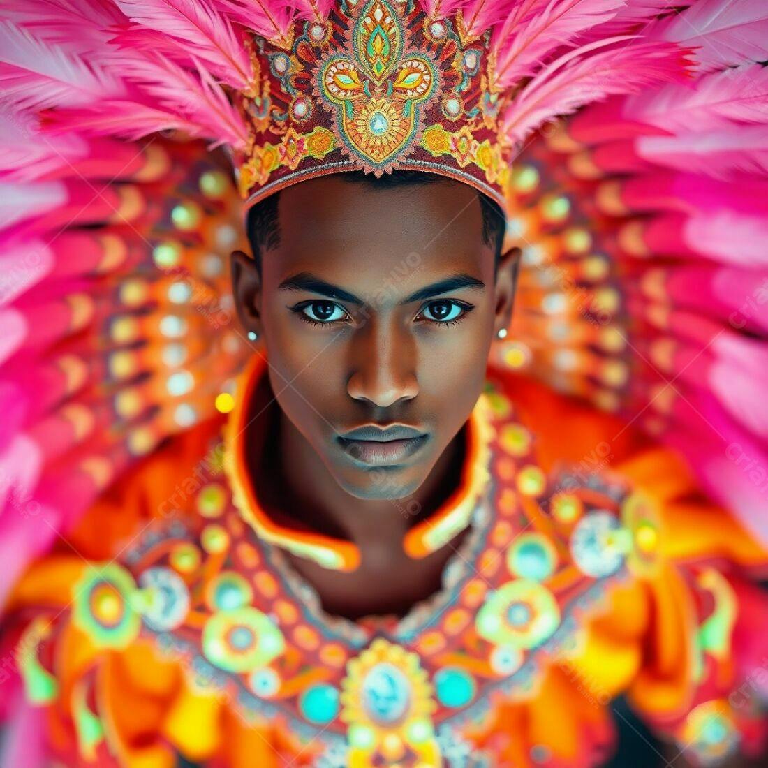 Homem negro em traje carnavalesco vibrante