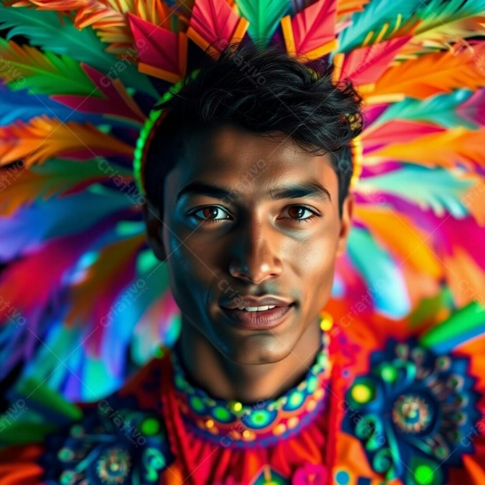 Um Jovem Com Pele Bronzeada E Olhos Escuros, Vestindo Uma Fantasia De Carnaval Vibrante Com Padrões E Penas Intrincados