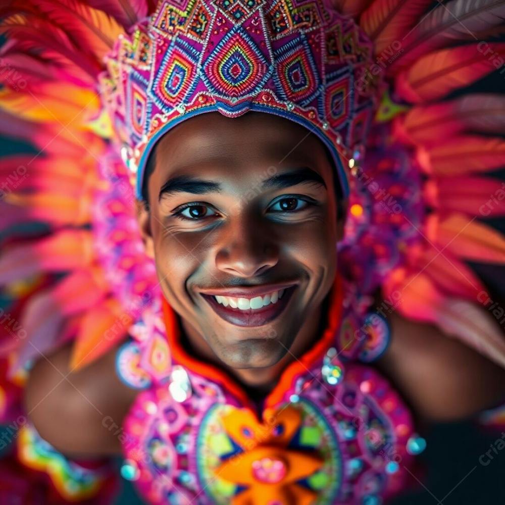 Um Jovem Com Pele Bronzeada E Olhos Escuros, Vestindo Uma Fantasia De Carnaval Vibrante Com Padrões E Penas Intrincados