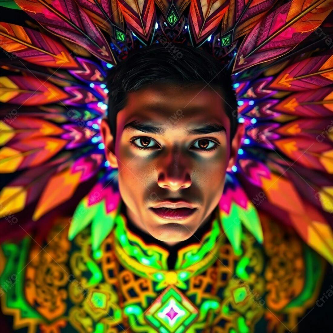 Homem com traje neon vibrante e tocado de penas