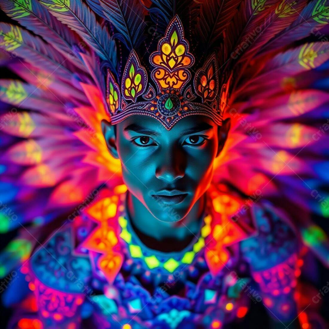 Rapaz com traje colorido e penas vibrantes