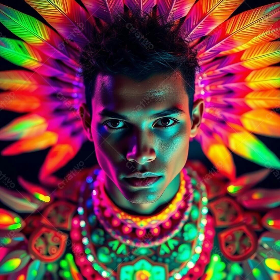 Homem com traje de penas coloridas e neon