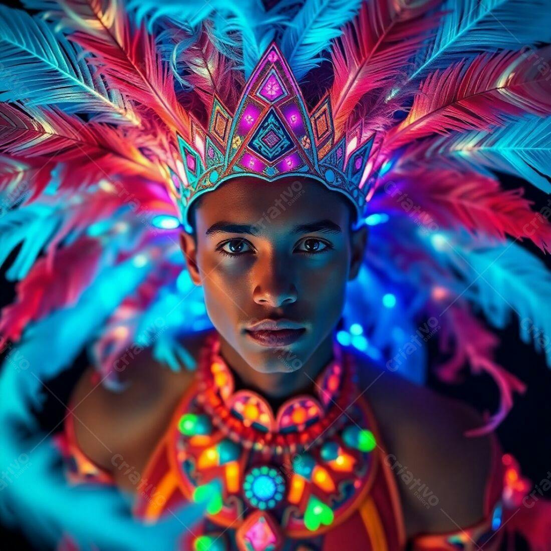 Modelo com coroa de penas e iluminação neon