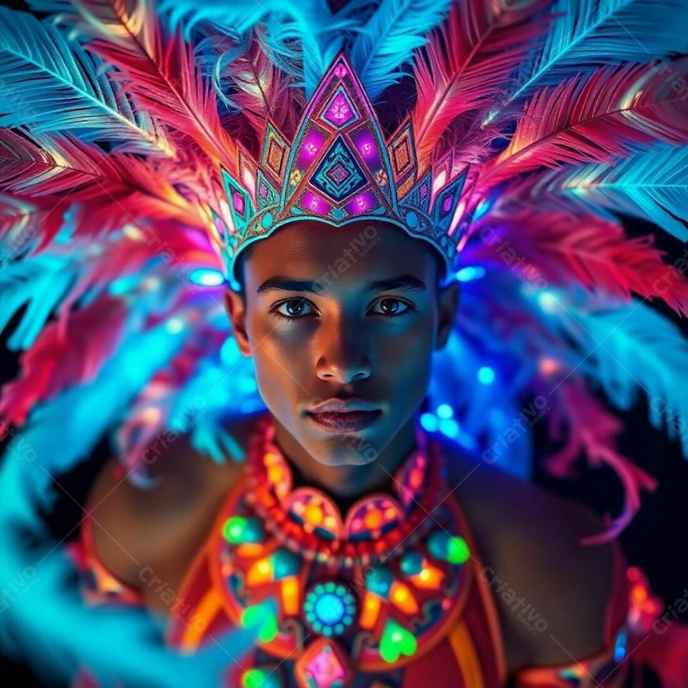 Um Jovem Com Pele Bronzeada E Olhos Escuros, Vestindo Uma Fantasia De Carnaval Vibrante Com Padrões E Penas Intrincados