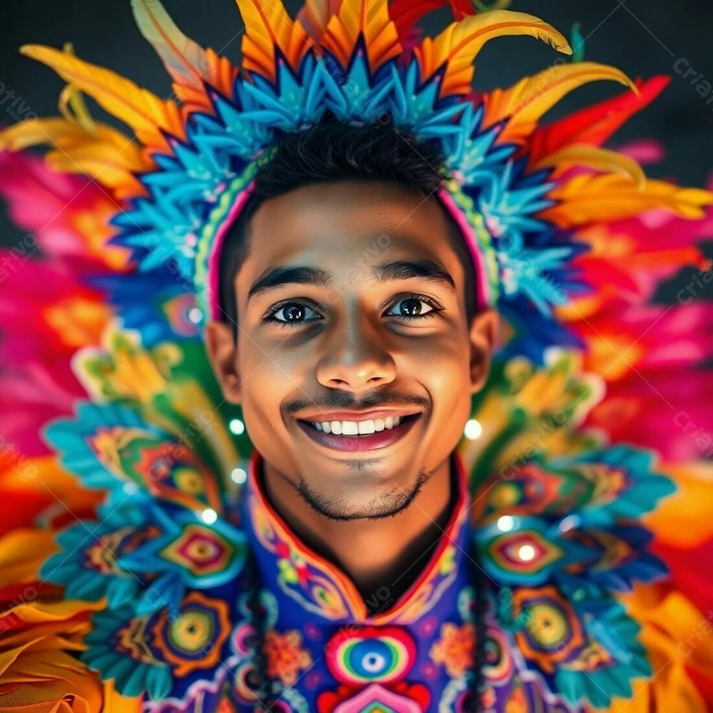 Um Jovem Com Pele Bronzeada E Olhos Escuros, Vestindo Uma Fantasia De Carnaval Vibrante Com Padrões E Penas Intrincados