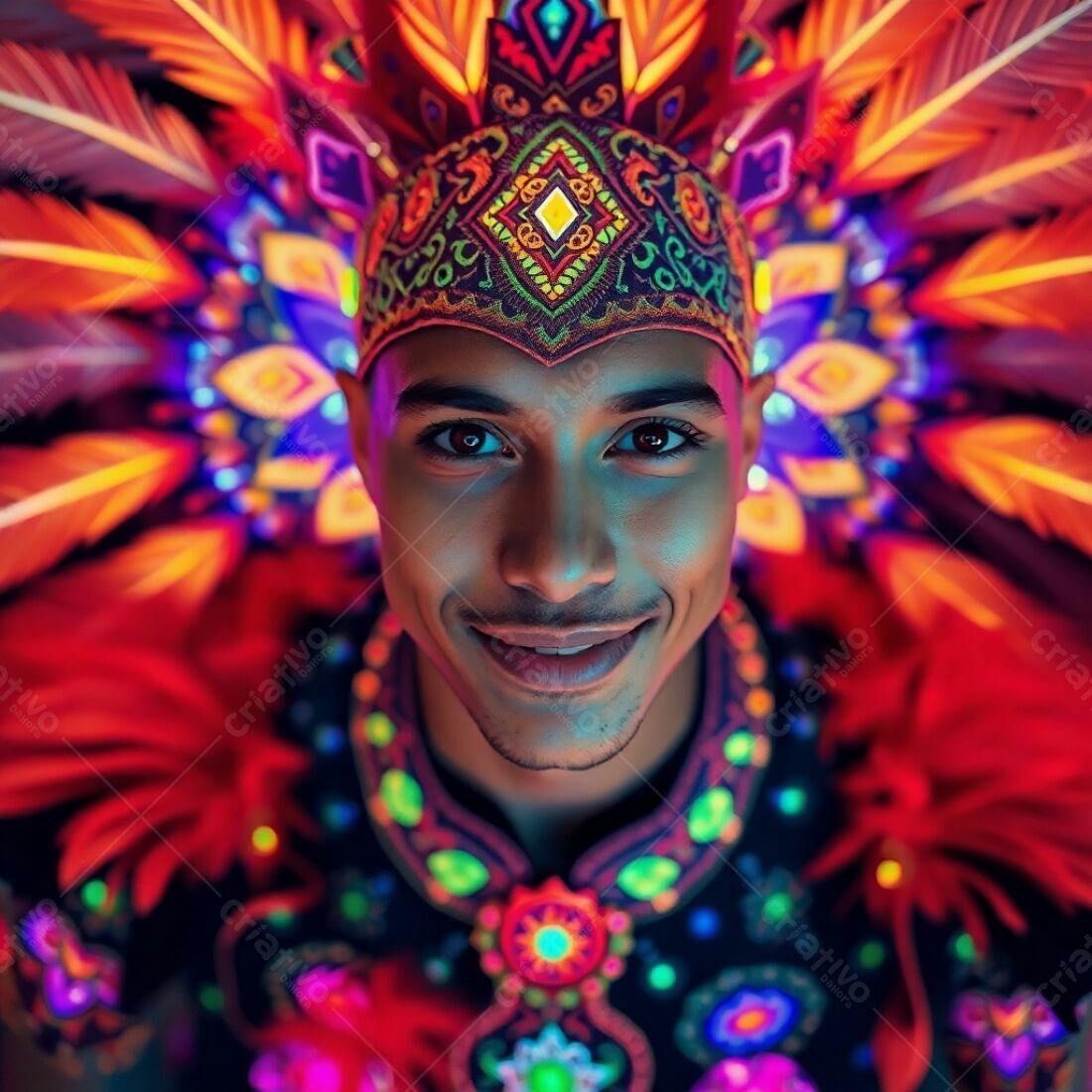 Homem sorridente com traje colorido e penas