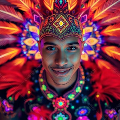 Um Jovem Com Pele Bronzeada E Olhos Escuros, Vestindo Uma Fantasia De Carnaval Vibrante Com Padrões E Penas Intrincados