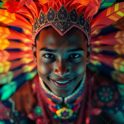 Um Jovem Com Pele Bronzeada E Olhos Escuros, Vestindo Uma Fantasia De Carnaval Vibrante Com Padrões E Penas Intrincados