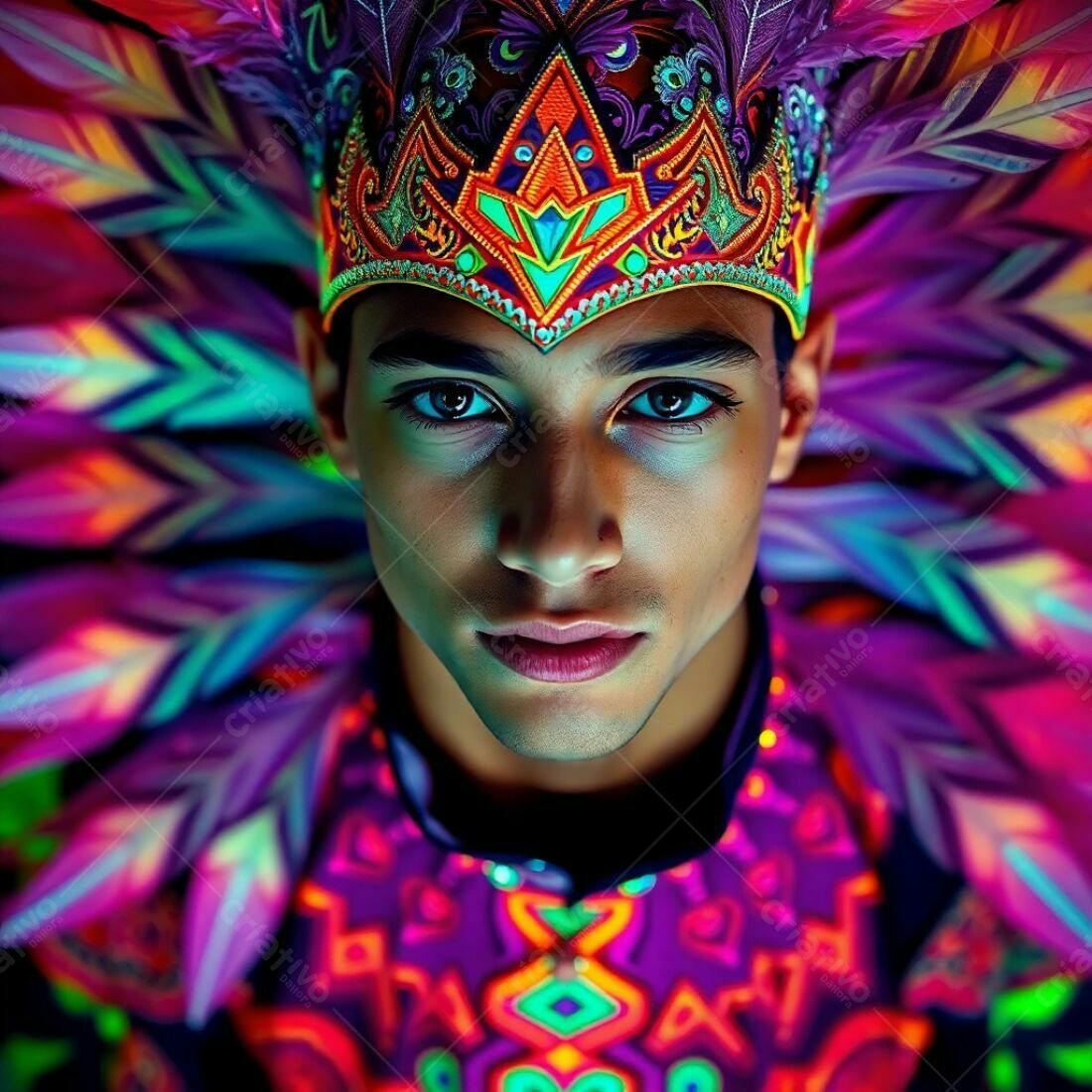Homem com traje indígena vibrante