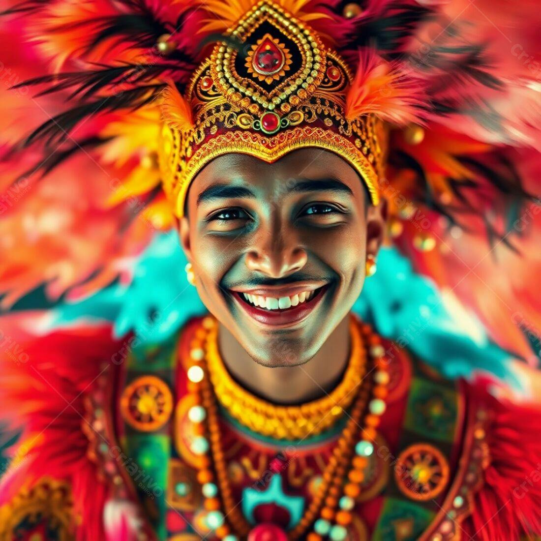 Homem sorridente com traje colorido de carnaval