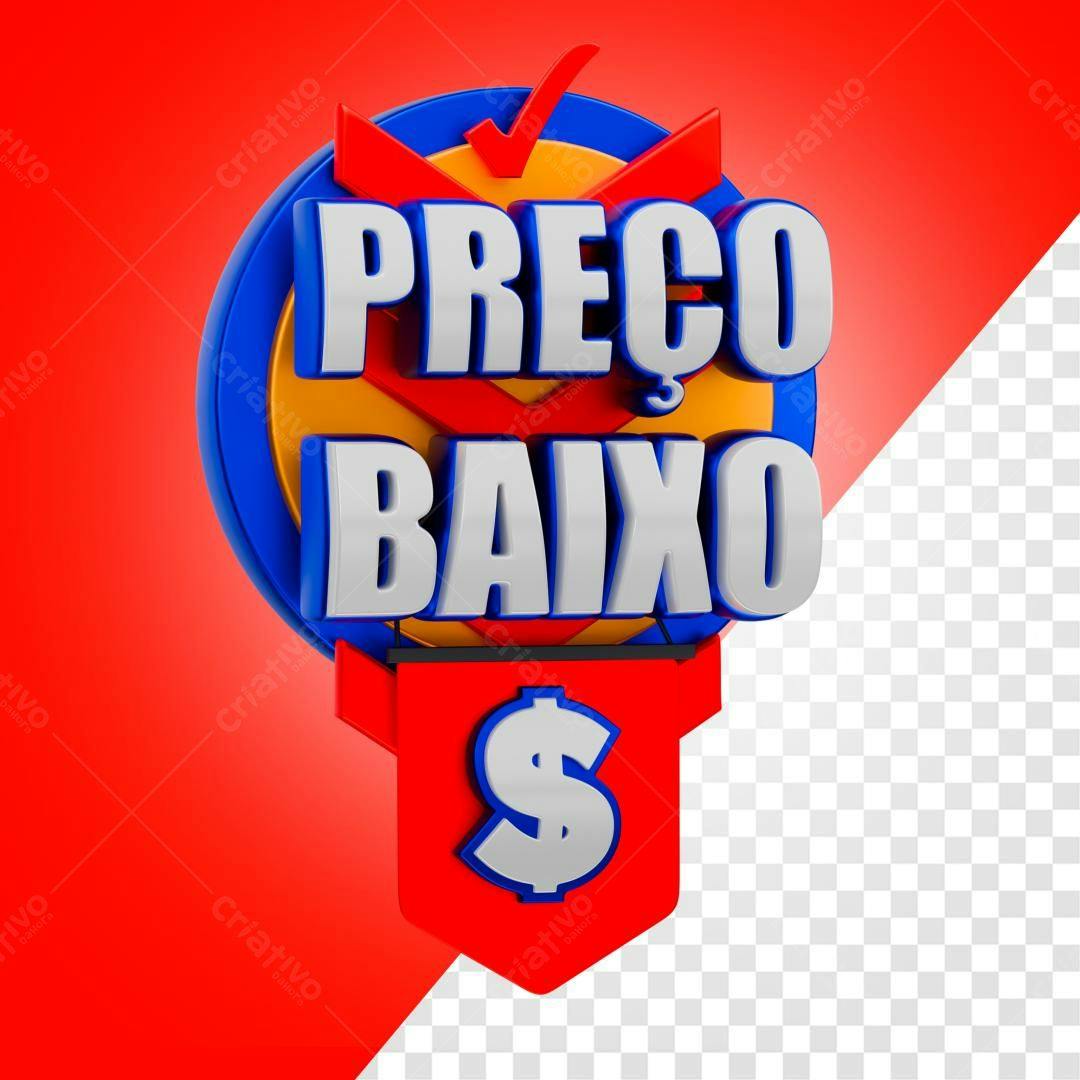 Selo 3D promocional preço baixo vermelho azul e amarelo