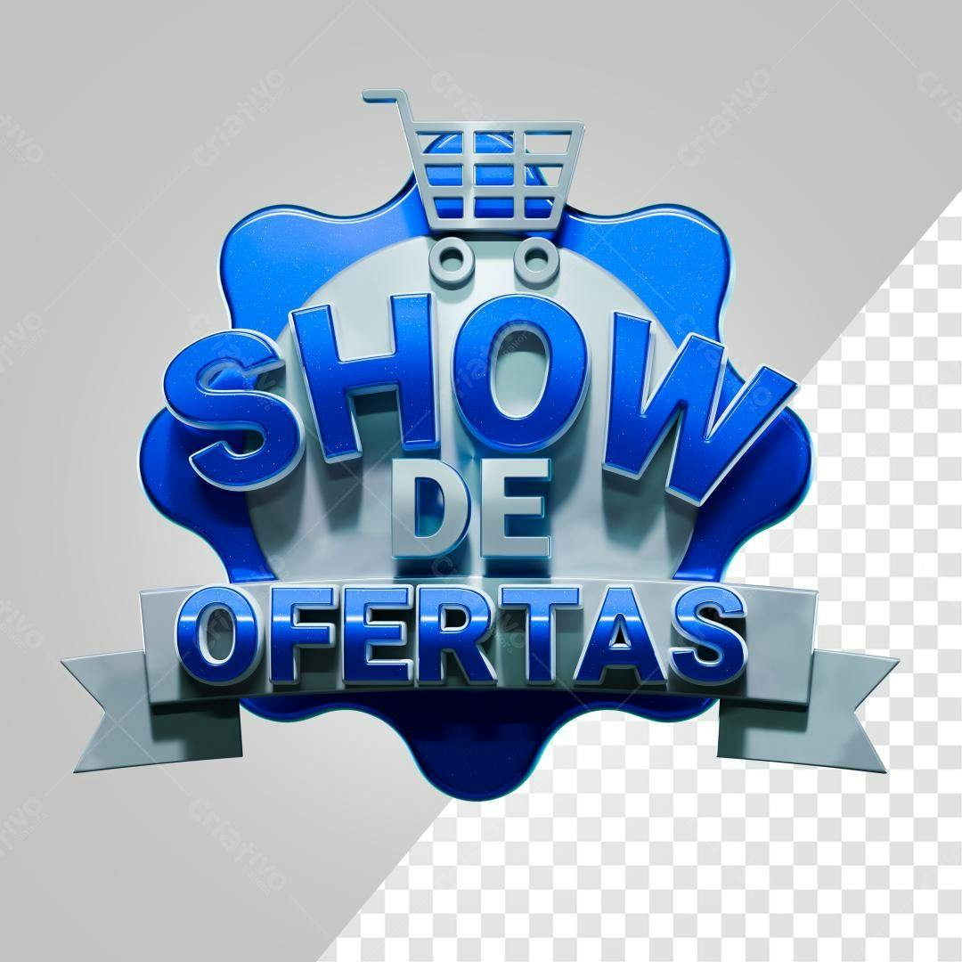 Selo 3D promocional azul e prata com carrinho de compras
