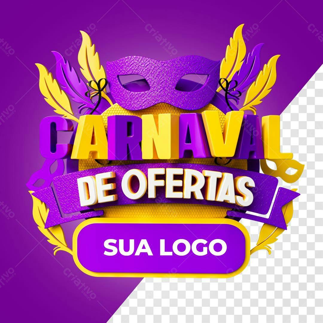 Selo 3D promocional Carnaval amarelo e roxo