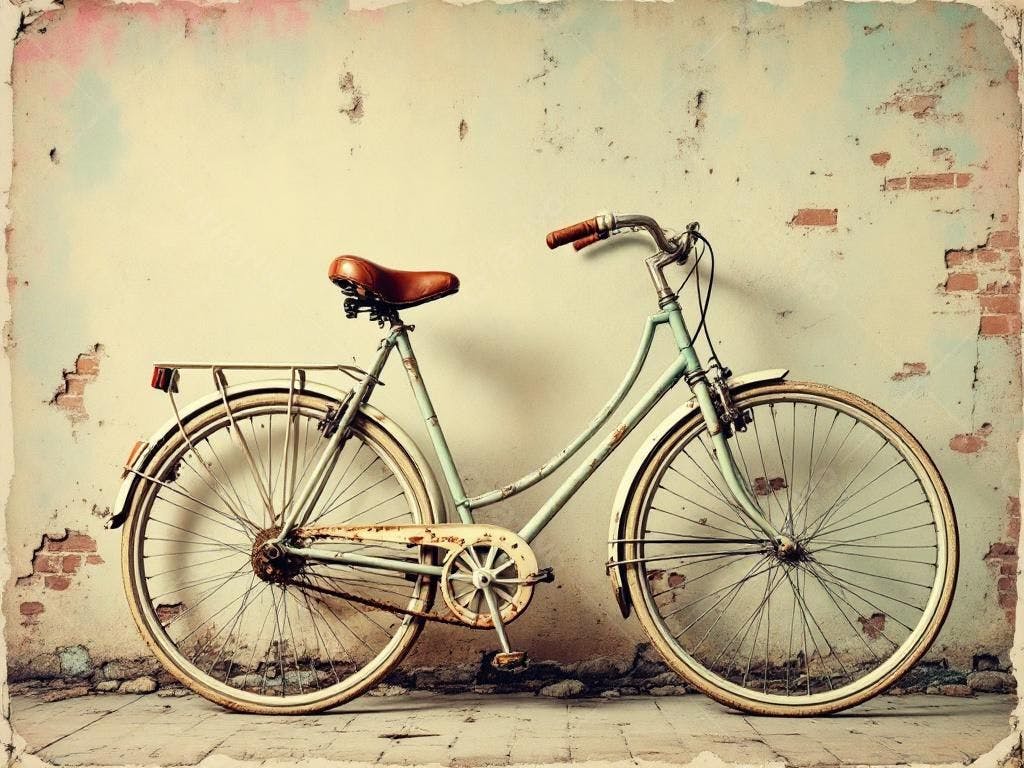 Bicicleta retrô verde-azulada em parede antiga