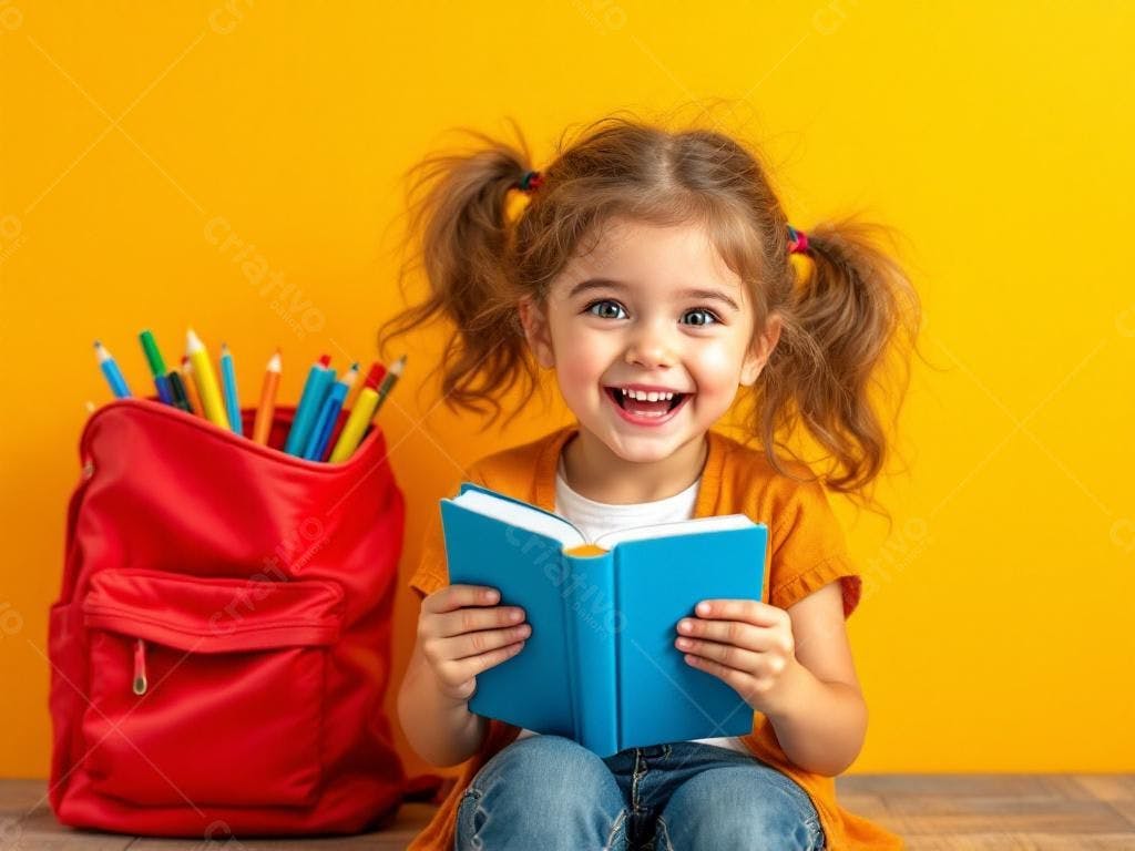 Criança feliz lendo livro com mochila escolar