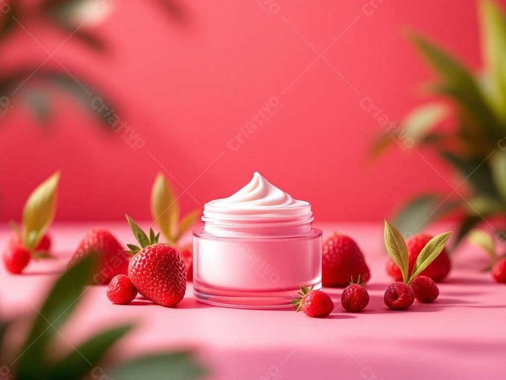 Creme facial rosa com morangos e framboesas