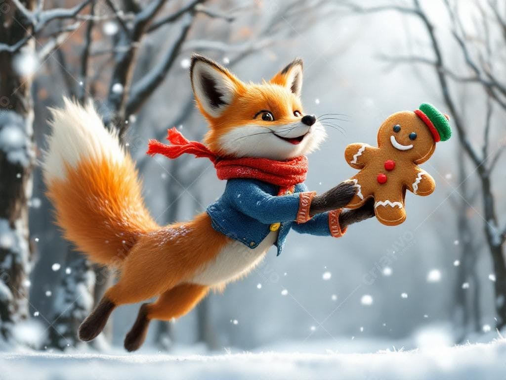 Raposa fofa com biscoito de gengibre no inverno