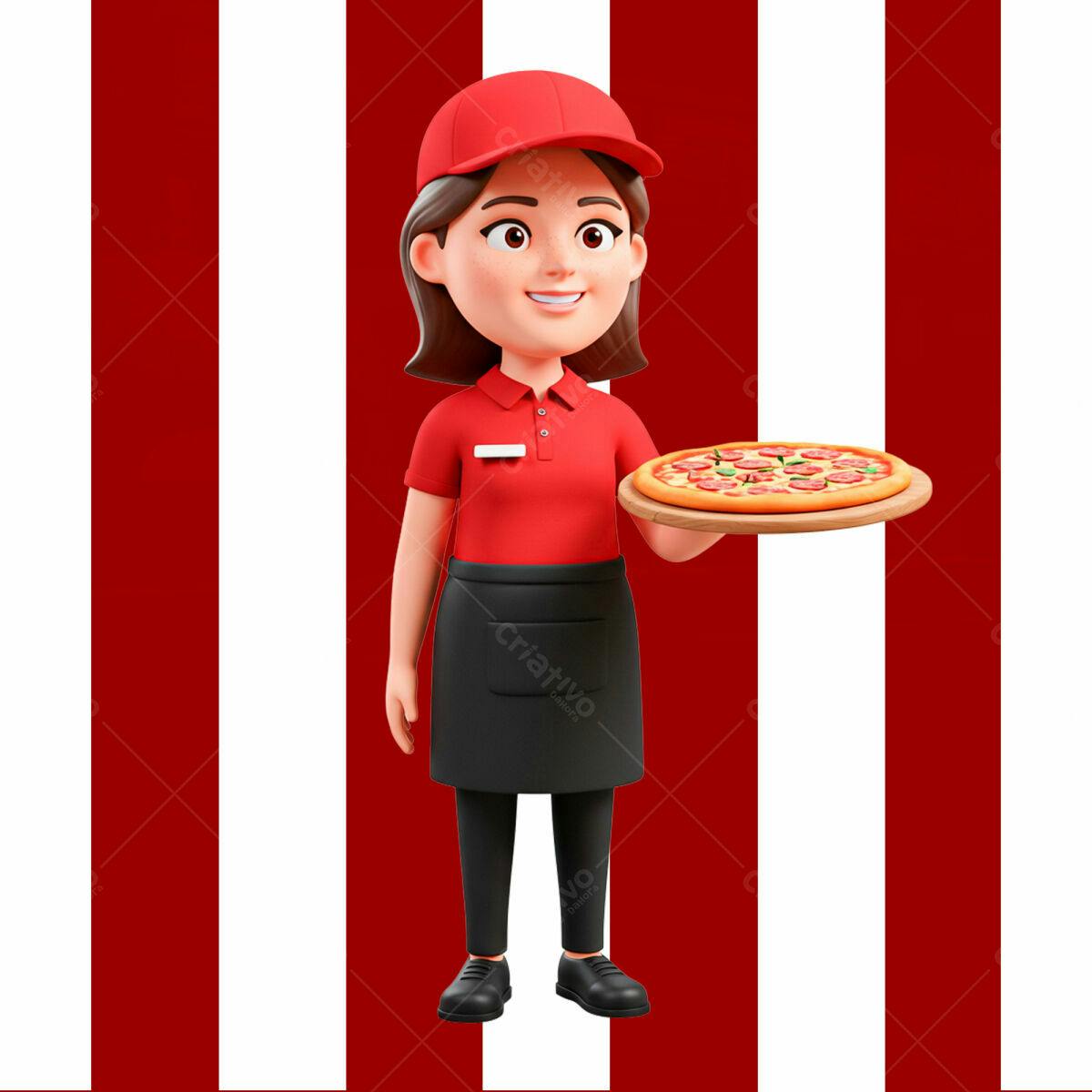 Personagem 3D entregadora de Pizza PSD Editável