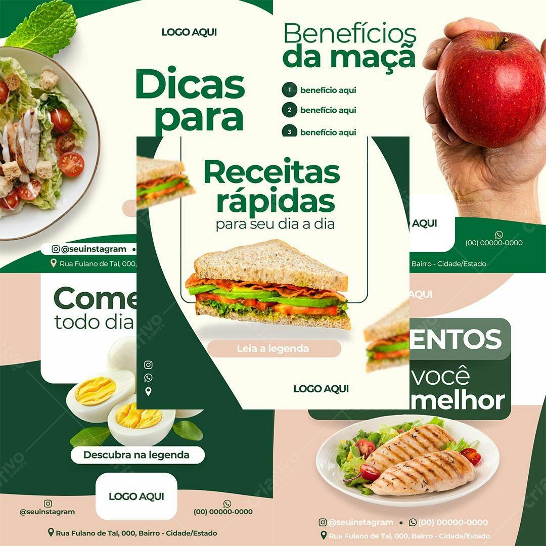 Post Instagram Receitas Rápidas e Saudáveis Verde e Bege Editável no Canva