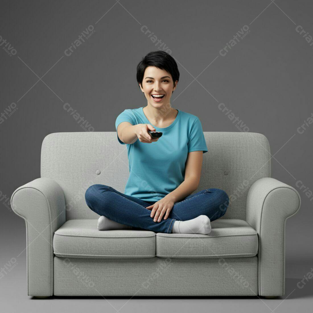 Mulher feliz assistindo TV no sofá