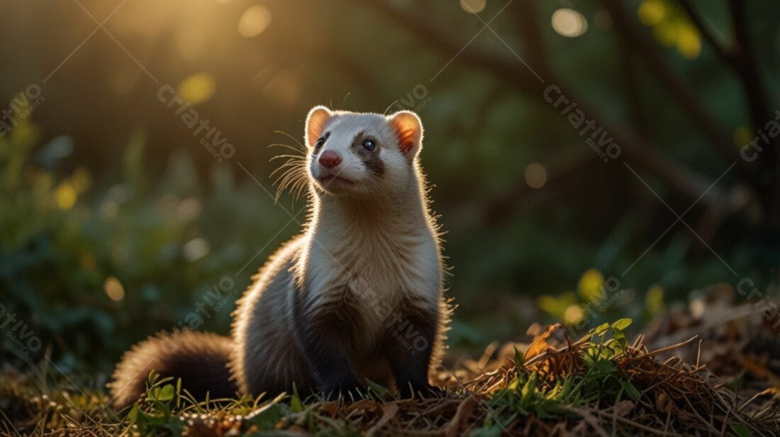 Fofo furão no pôr do sol dourado