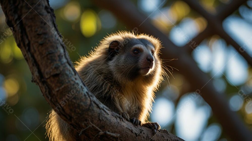 Imagem De Um Sagui Sobre O Galho De Uma Árvore Com Um Olhar Atento E Curioso