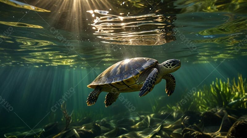 Imagem De Uma Linda Tartaruga D&#39; Água No Fundo Do Mar
