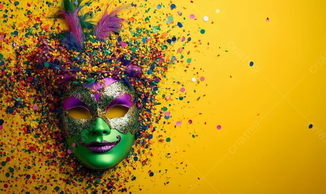 Máscara de Carnaval Verde e Roxa com Confetes