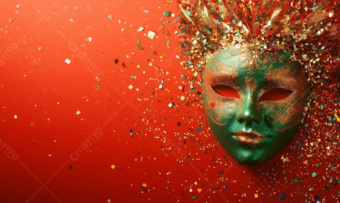 Máscara de Carnaval Verde e Dourada com Confete