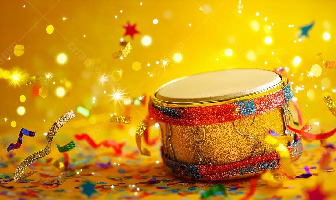 Tambor dourado em festa com confetes