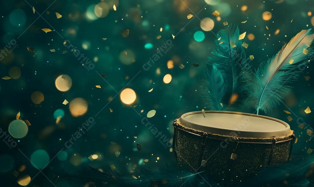 Tambor dourado com penas verdes e confete