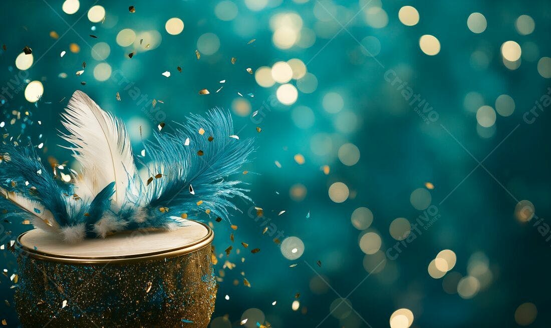 Plumas azuis e brancas com confete dourado
