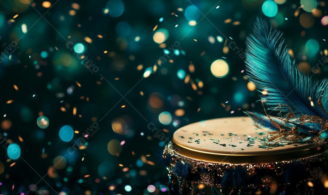 Tambor com penas azuis e dourado em festa