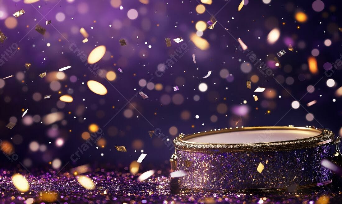 Tambor roxo com glitter e confete dourado